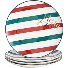 Swuut Bone China Christmas Holiday Plates - Dessert Plates - Salad Plates, Set of 4, Dishwasher Safe (Stripes, 26 cm)