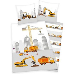 Arle-Living Children's Bed Linen with Reversible Design Construction Vehicles 135 x 200 cm + 80 x 80 cm Renforcé