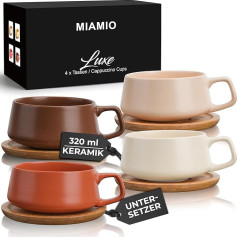 MIAMIO - 4 x 320 ml Coffee Cups/Cappuccino Cups with Saucers / Elegant/Modern / Stoneware Coffee Mugs - Luxe Collection Set of 4 (Beige Pastel)