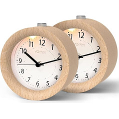 aboveClock Analogue Alarm Clock, No Ticking, Pack of 2, Wooden Alarm Clock with Snooze, Bedside Table Clock with Night Light, Battery Operated (1 x AA Battery Required, Not Included, Natural Wood in