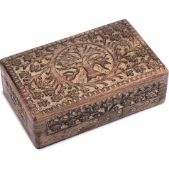 Ajuny Wooden Box Hand-Carved Decorative with Tree of Life Carvings, Versatile Jewellery Storage Box, Trinket Holder or Watch Box, Ideal as a Gift