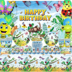 LSJDEER Insect Birthday Party Decorations - Bugs Party Supplies, Plates Cups Napkins Tablecloth Happy Birthday Backdrop Balloon Cake Toppers for Class Office Garden Reptile Baby Shower