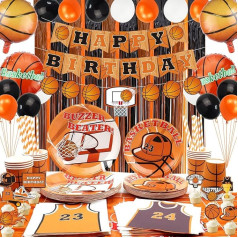 Basketball Party Supplies Set - Includes Happy Birthday Banner Cake Toppers, Tablecloth, Plates, Cups, Napkins and Balloons for Basketball Sports Themes, Birthday Decorations - Pack of 20