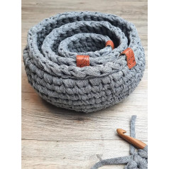 LIDAM 3 Baskets Crochet for Beginners & Experts | Crochet Set with Video Instructions | DIY Set, Crochet with Textile Yarn, Bamboo Needle, Leather Label (Grey)