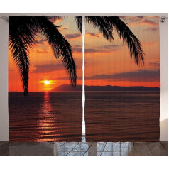ABAKUHAUS Exotic Rustic Sunrise on Sea and Palm Trees Bedroom Ruffle Tape Curtain with Tabs and Hooks, 280 x 225 cm, Orange Yellow