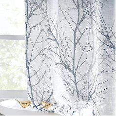 Blue White Semi-Sheer Window Curtains 54 Inch Drop Botanical Print Light Filring Privacy Drapes Grey Branch Pattern Textured Look Eyelet Window Treatment Sets for Kids Room/Basement Landry Set 0f 2