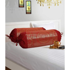 Stylo Culture Ethnic Polydupion Neck Pillow Cylindrical Hotdog Cushion Thick Cushion Covers Maroon Jacquard Brocade Border Mandala Large Sofa Cushion Covers (Set of 2) | 30 x 15 Inches (76 x 38 cm)