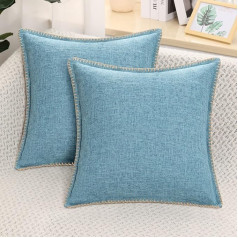 decorUhome Decorative Cushion Covers 24x24 inch, Linen Trimmed Edge Cushion Cover for Sofa Couch, 60x60cm, Set of 2,Blue