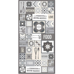 Panorama Vinyl Rug Collage Words Tiles Grey - 80 x 150 cm - Washable Non-Slip Kitchen Rug