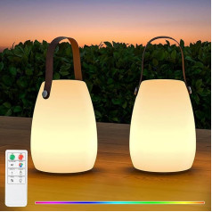 RWWR Pack of 2 LED Outdoor Table Lamps, Small, Wireless Table Lamp, 8 Colours, Battery Table Lamp, Dimmable with Remote Control, IP44 for Camping, Garden, Balcony, Patio (Leather Carry Handle)