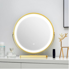 YOSHOOT Round Vanity Mirror, 45 cm Illuminated Dressing Table with Pattern, Rotating Vanity Mirror, Dimmable LED Light Bars with 3 Modes, Smart Touch Screen (Golden)