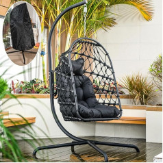 LKINBO Polyrattan Hanging Chair with Frame Outdoor Indoor Basket Hanging Chair Rattan Hanging Chair Weatherproof Hanging Swing Garden Swing up to 195 kg Black