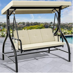 YITAHOME Hollywood Swing, 3-Seater Garden Swing with Reclining Function with Adjustable Canopy and Removable Cushion, Suitable for Adults in the Garden, Pool, Balcony, Beige