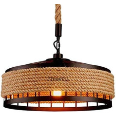 JINWELL Vintage Rope Pendant Light, Ceiling Light, Retro, Industrial, Iron, Vintage Loft Ceiling Light, Chandelier, Rustic Hemp Rope, Iron Pendant Light, Round Hanging Iron Cage, Retro, 1 head