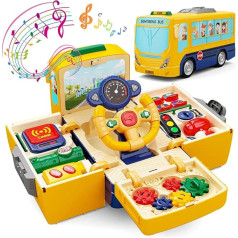 HONGTUO School Bus Toy with Sound and Light Simulation Steering Wheel Driving Toy Toddler School Bus Toy with Music Education Knowledge Simulate School Scenes Gift for 1-3-5 Boys & Girls