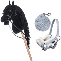 HKM Kids Hobby Horse Black with Halter and Lead Rope in Grey, Horse Toy