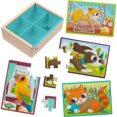 B. toys BX2206Z Wooden Set - 4 Animal Cat, Dog, Bird, Hamster - 12-Piece Jigsaw for Kids - 3 Years + - Pack o' Puzzle Pets