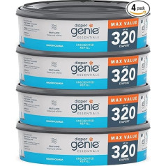 Diaper Genie Essentials Round Refill - Holds up to 1280 Newborn Nappies with Odourless Continuous Foil Compatible with Diaper Genie Complete and Expressions Buckets - Pack of 4