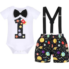 IWEMEK Baby Boys 1st Birthday Outfits Cartoon One Year Cake Smash Cotton Short Sleeve Bowtie Romper + Suspenders + Shorts Clothing Set Photoshoot Costume