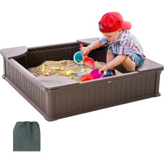 VEVOR Sandpit with Cover, Square Sandpit, HDPE Sand Pit with 4 Corner Seats & Floor Liner, Kids Sandpit, Gift for Boys and Girls Aged 3-12, Brown