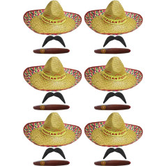 6 x Mexican Sombrero Straw Hats + 6 Moustashes Ideal for Fancy Dress or Stag Night
