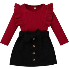 Uwdiohq Toddler Kids Baby Girls Ruffle Round Neck Long Sleeve Ribbed Sweatshirt Tops Solid Skirt Set 2 Pieces Clothing Set Sweatshirt Christmas Clothing Baby Girl Baby Clothing Girls Festive