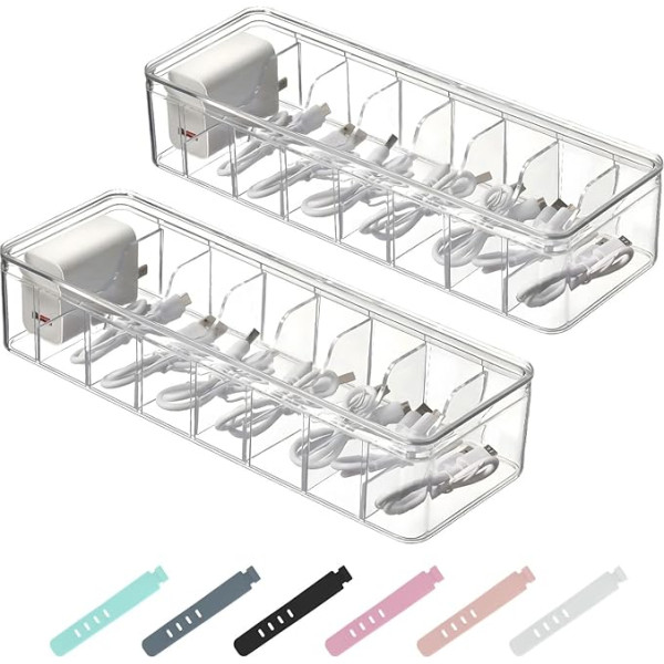 Pack of 2 Cable Storage Box, Cable Organiser Box, 8 Compartments, Cable Management Box with 24 Cable Ties, Transparent Cable Storage Box for Desk Storage, Office, Home Use
