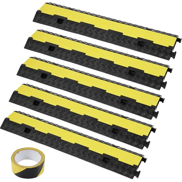 VEVOR Rubber Cable Protector Ramp 2 Channels 12lb Axle Capacity Heavy Duty Hose Wire Cover Driveway Traffic Speed Aid with Hinged Top Cover and 50ft Warning Tape for