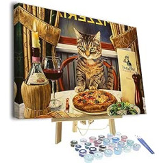 TISHIRON Paint by Numbers Adults Beginners, Cute Cat Adult Paint by Numbers Kits on Canvas, Pizza DIY Painting by Numbers for Children with Brush and Acrylic Pigment 40 x 50 cm (Frame)