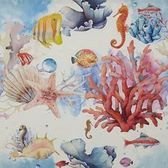 Kt KILOtela - Digital Print Half Panama Cotton Decorative Fabric Decorative Cushion 100cm Length x 280cm Width Coral Fish Pink Blue Orange - 1 Metre