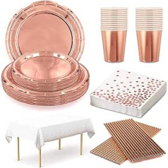 Rose Gold Party Tableware Foil Paper Plates Napkins Party Cups Straw Tablecloth for Wedding Birthday Anniversary Party Disposable Tableware Rose Gold Tableware Set 24 Guests