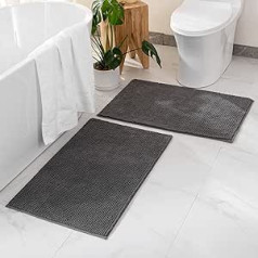 MIULEE Bath Mat 60 x 90 cm Set of 2 Chenille Bath Mat Bathroom Rug Non-Slip Washable Shower Mat Bath Mat Bed Rug Foot Mat Bathroom Living Room Bedroom Grey