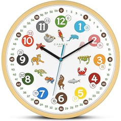 Cander Berlin MNU 2430 T Wall Clock Children Wooden Motif 30.5 cm Animals Learning Clock Wooden Clock Silent Analogue Wooden Frame Children's Room without Ticking Noises Boys Girls