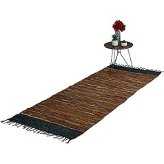 Relaxdays Rag Rug, 80 x 200 cm, Cotton & Leather, Carpet Runner with Fringes, Non-Slip, Stain Rug, Brown