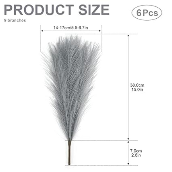 Pack of 6 Artificial Pampas Grass Plant, 43-45 cm Artificial Pampas Grass Dried Artificial Dried Pampas Grass Flower Fluffy Reed Bouquet for Wedding Holiday Party Boho Home Decor Grey