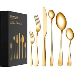 Cutlery Set for 6 People, 36-Piece Stainless Steel Golden Cutlery Set, Including Knife, Fork, Spoon, Cutlery Set, Highly Polished, Dishwasher Safe (Gold) RIWNNI