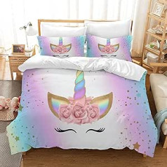 HZVRTN Children's Unicorn Bed Linen Set for Girls, Soft Microfibre Duvet Cover with Zip Pillowcase, 3D Unicorn Cartoon Bedding Set