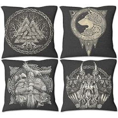 QVOOD Set of 4 Viking Odin Wolf Cushion Covers, Linen Cushion Covers, Decorative Cushion Covers, Sofa Cushion Cover, Lounge Cushion Cover for Sofa, Couch, Car, Bedroom, Home Decor, White, 45 x 45 cm