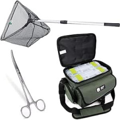 Zite Fishing Landing Net Rubberised for Fishing – Telescopic Fishing Landing Net Various Lengths Also for Children (210 cm) + Fishing Bag with 4 Tackle Boxes + Hook Release Pliers Curved 18 cm