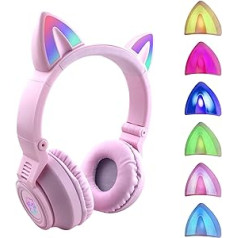 YUSONIC Children's Headphones from 3 Years, Over-Ear Cat Ears Headphones with LED Light, Microphone, Micro SD/TF for Mobile Phone/Tablet/PC (Vielot + Pink)