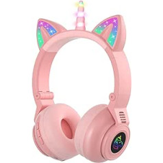 JYPS Unicorn Bluetooth Headphones, Wireless/Wired Kids Headphones Girls with LED Light, Headphones Kids Over Ear with Microphone and SD Card Slot for iPad/Kindle/Tablet (Pink)