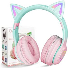 AXFEE Children's Headphones, Bluetooth, Girls' Cat Ear Headphones, Over-Ear with LED Light, Foldable Stereo Headphones, Wireless, Headphones with Microphone, for Mobile Phone/Tablet/PC