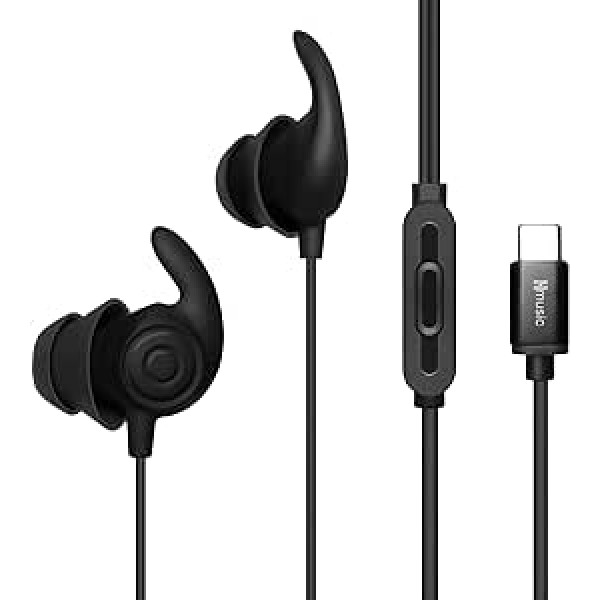 Hmusic Sleep Earplugs, Wired Ultralight Soft Silicone Earplugs, USB Type C Headphones with Microphone for Side Sleeping, Yoga, Travel, Meditation (Black)