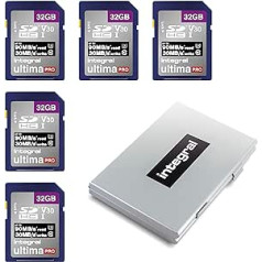 Integral SD Card 32GB with 6 Slot SD Card Holder Metal - 4K Ultra HD Video Premium High Speed 90MB/s Reading and 30MB/s Write - SDHC V30 UHS-I U3 Class 10 SD Memory Card Pack of 5