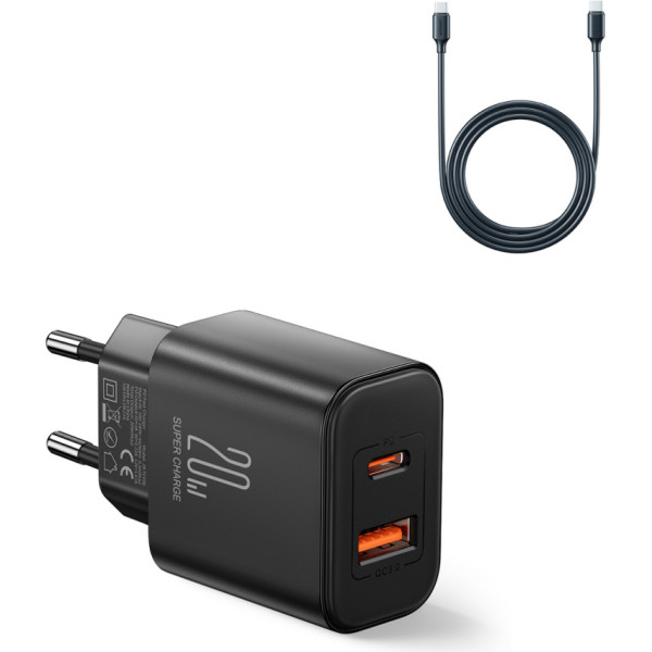USB-A USB-C PD 20 W sienas lādētājs + USB-C kabelis JR-TCF05 melns