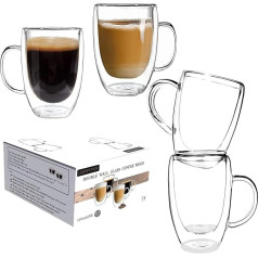 Double Walled Design Glass Cups with Handle for Tea and Coffee, Insulated Glasses, Heat Resistant Thermal Mug for Cappuccino, Latte, Tea Drinks(Set of 4, 450ml)