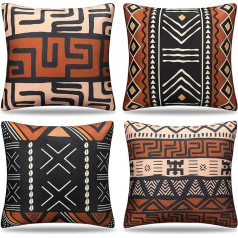 Set of 4 Cushion Covers, Brown, Ethnic Boho Abstract Cushion Cover, 50 x 50 cm, Geometric Decorative Couch Cushion, Morocco, Vintage Linen, Square Sofa Cushion Cover for Couch, Outdoor, Living Room