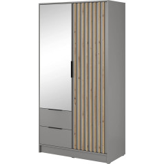 Mb-Moebel JOHN 2D Bedroom Cabinet with Mirror, 2 Revolving Doors and 2 Drawers, Wooden Slats, Loft Style Industrial Wardrobe, Wardrobe, Wardrobe Rail (Rail) with Shelves 105 x 200 x 51 cm (L x H x D)