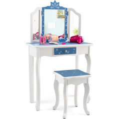 Dreamade 2-in-1 Children's Dressing Table with Stool and Removable Mirror, Princess Dressing Table with Drawer, Wooden Cosmetic Table, Children's Makeup Table for Girls with Headband Set (Blue)