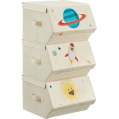 Songmics Children's Storage Box, Set of 3, Folding Boxes, Toy Box with Lid, 38 x 35 x 25 cm, for Children's Room, Toy Room, Space Motifs, Beige RLB700M01